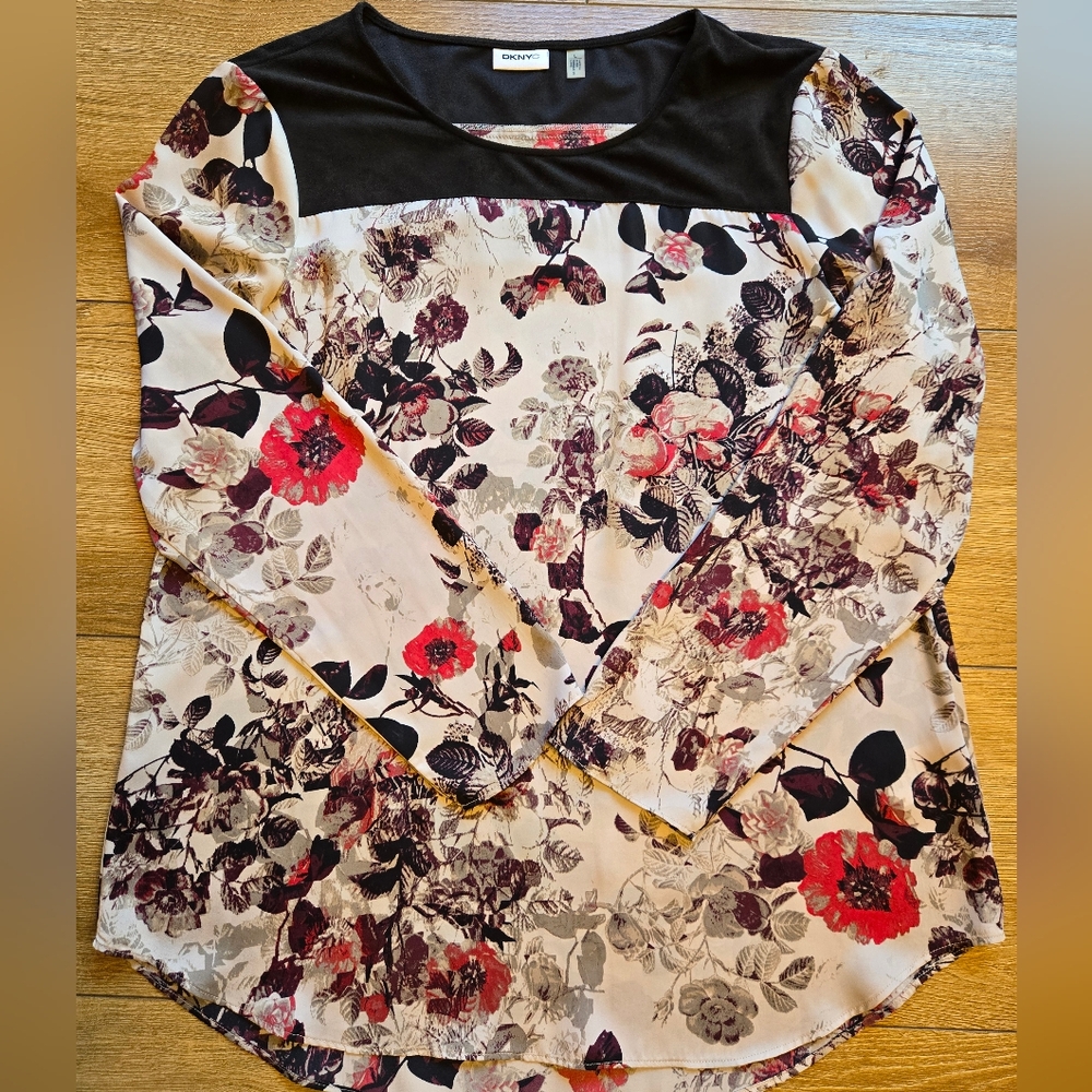[LIKE NEW] ​DKNY Floral Long Sleeve Yoke Top Blouse Mauve Gray Black L Large